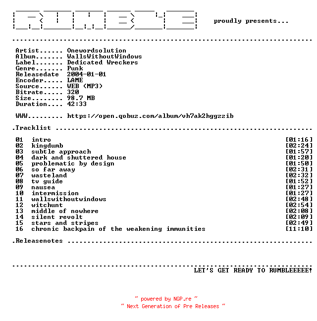 NFO for the release Onewordsolution-WallsWithoutWindows-(WEB)-2004-RUMBLE by RUMBLE