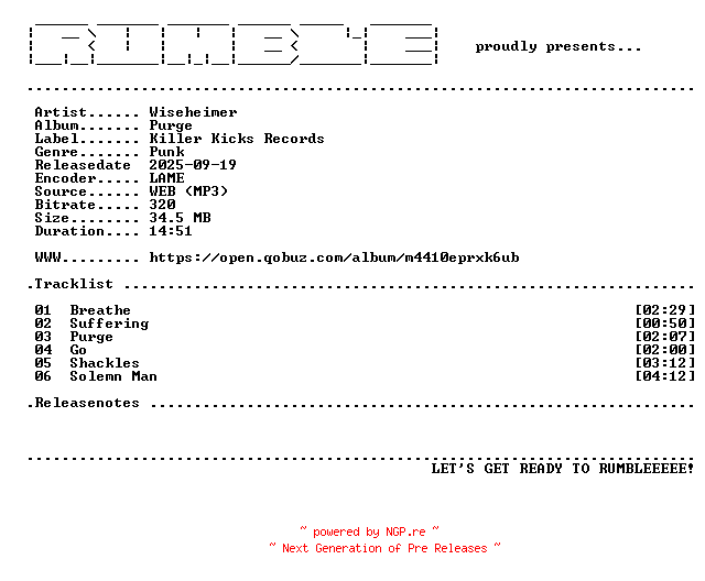 NFO for the release Wiseheimer-Purge-EP-(WEB)-2013-RUMBLE by RUMBLE