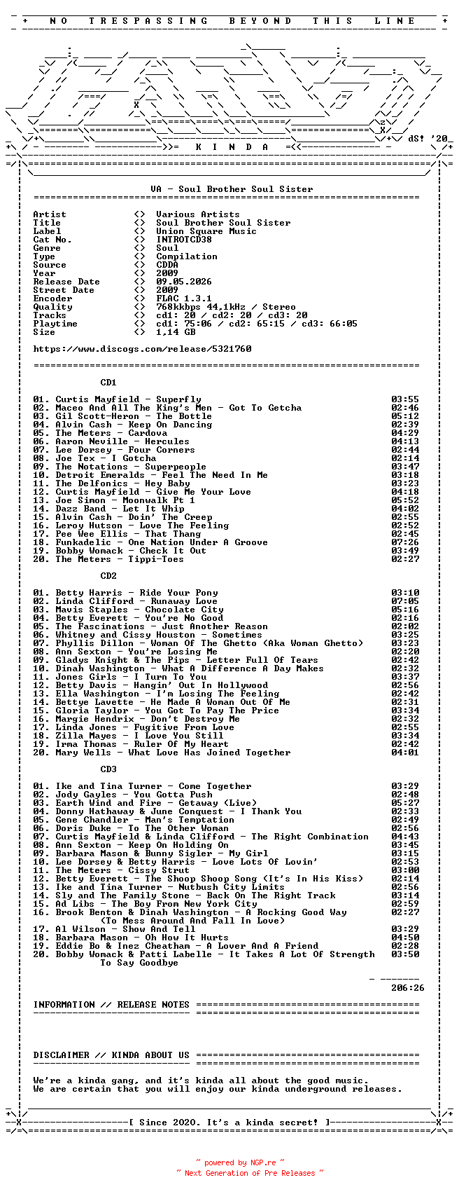 NFO for the release VA-Soul_Brother_Soul_Sister-(INTROTCD38)-3CD-FLAC-2009-KINDA by KINDA