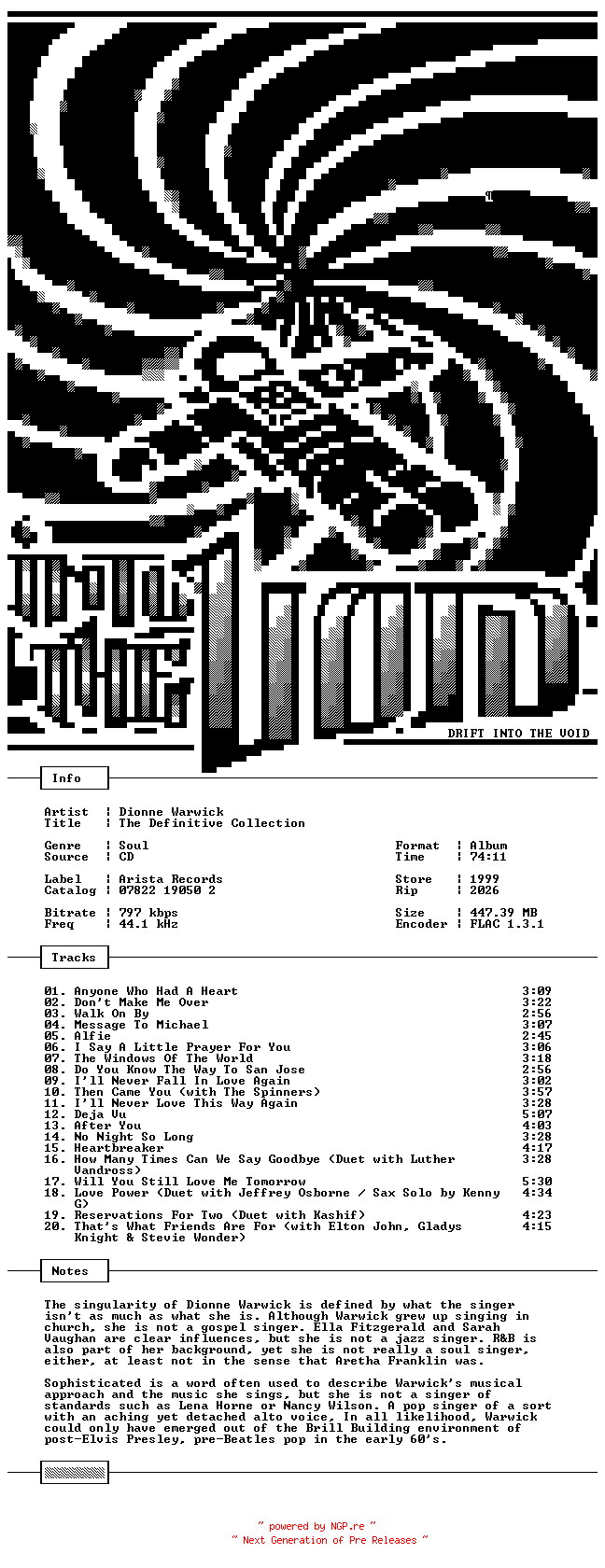 NFO for the release Dionne_Warwick-The_Definitive_Collection-Remastered-CD-FLAC-1999-THEVOiD by THEVOiD