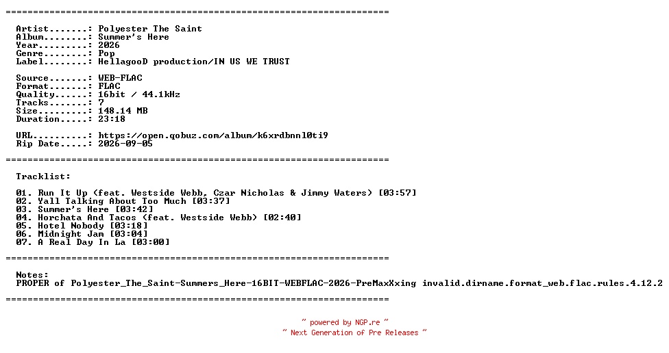 NFO for the release Polyester_The_Saint-Summers_Here-PROPER-16BIT-WEB-FLAC-2026-PROAUTOPROPER by PROAUTOPROPER