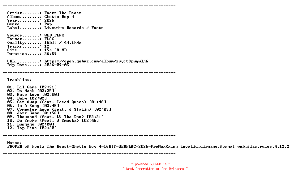 NFO for the release Footz_The_Beast-Ghetto_Boy_4-PROPER-16BIT-WEB-FLAC-2026-PROAUTOPROPER by PROAUTOPROPER