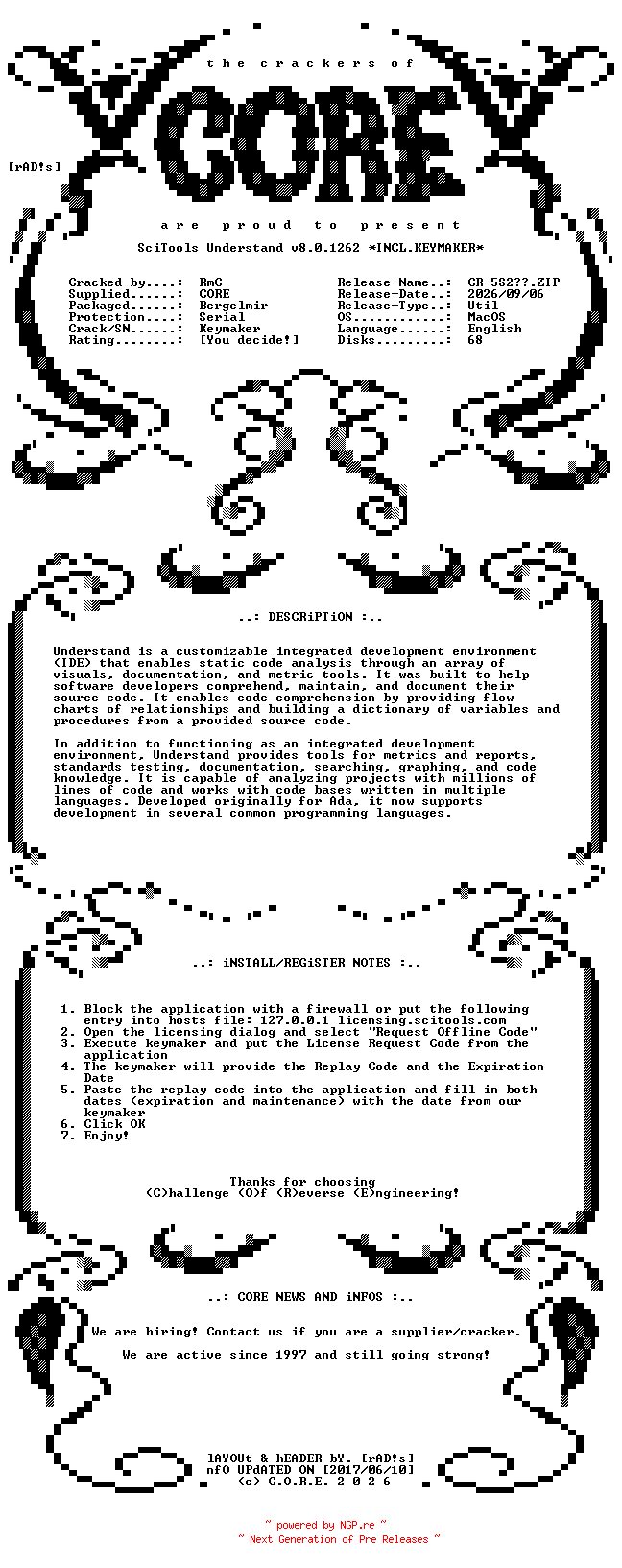 NFO for the release SciTools.Understand.v8.0.1262.MacOS.UB.Incl.Keymaker-CORE by CORE