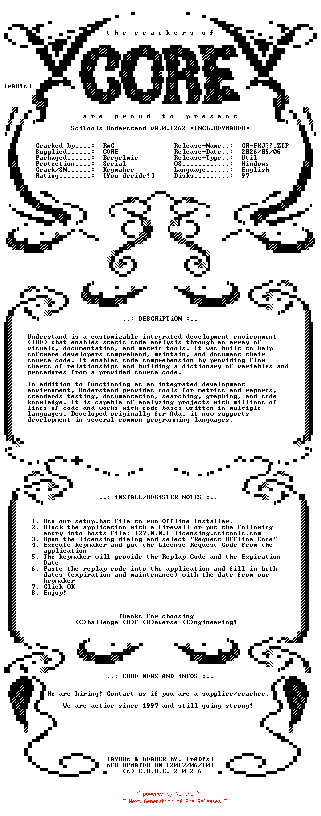 NFO for the release SciTools.Understand.v8.0.1262.x64.Incl.Keymaker-CORE by CORE
