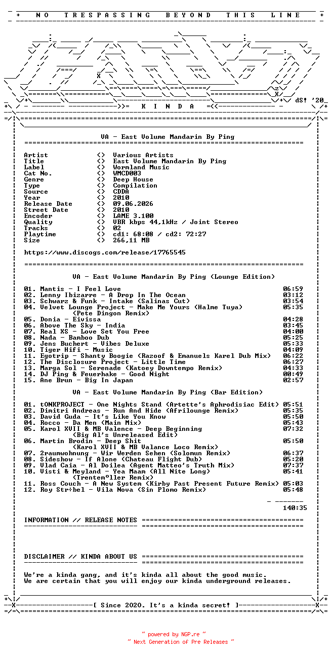 NFO for the release VA-East_Volume_Mandarin_By_Ping-(WMCD003)-2CD-2010-KINDA by KINDA