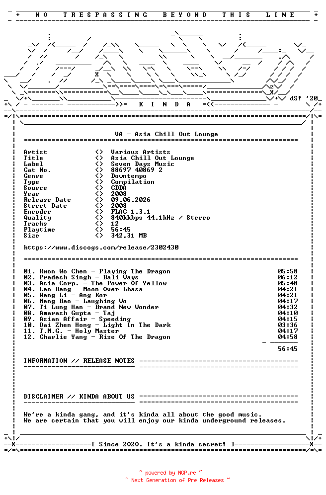 NFO for the release VA-Asia_Chill_Out_Lounge-CD-FLAC-2008-KINDA by KINDA