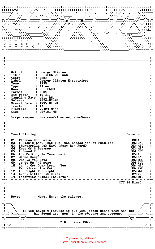 NFO for the release George_Clinton-A_Fifth_Of_Funk-16BIT-WEB-FLAC-1995-OBZEN by OBZEN