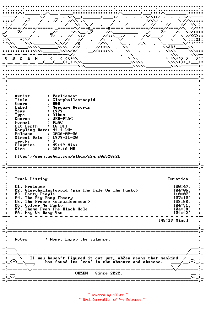 NFO for the release Parliament-Gloryhallastoopid-16BIT-WEB-FLAC-1979-OBZEN by OBZEN