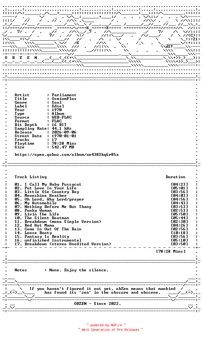 NFO for the release Parliament-OsmiumPlus-16BIT-WEB-FLAC-1970-OBZEN by OBZEN