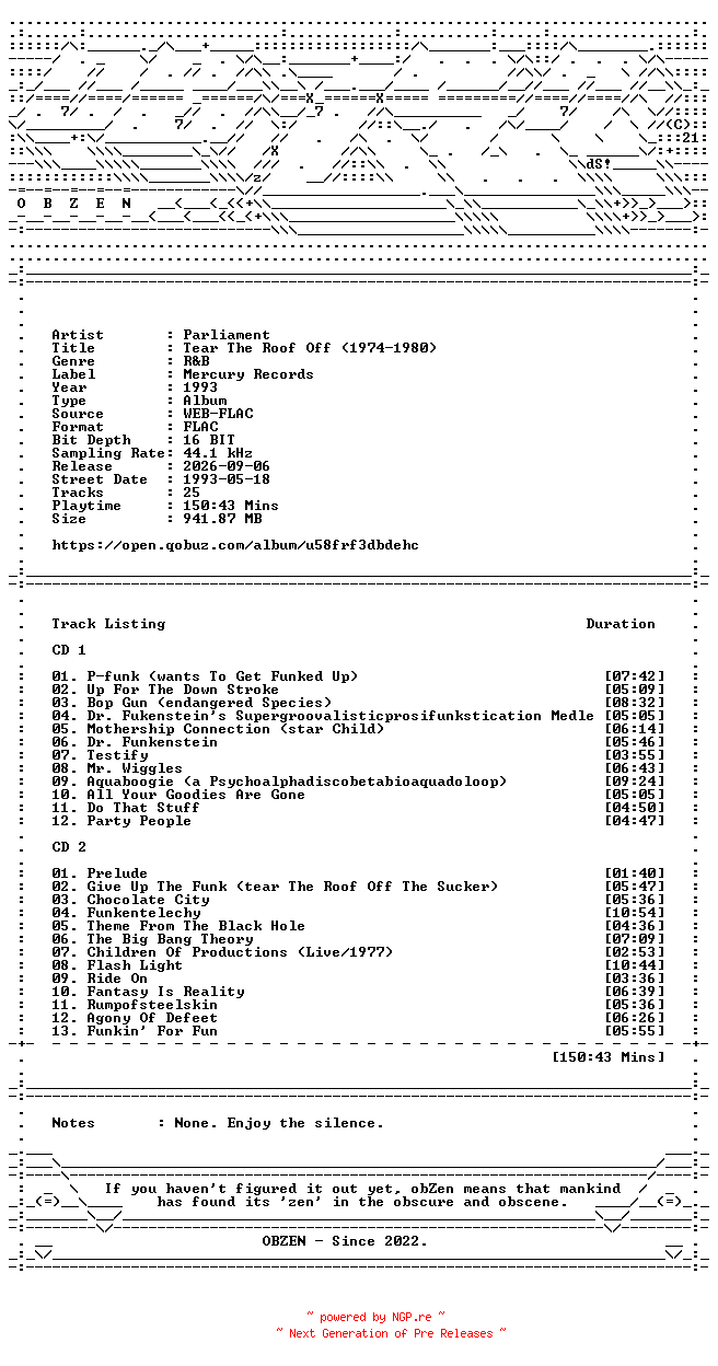 NFO for the release Parliament-Tear_The_Roof_Off_(1974-1980)-16BIT-WEB-FLAC-1993-OBZEN by OBZEN