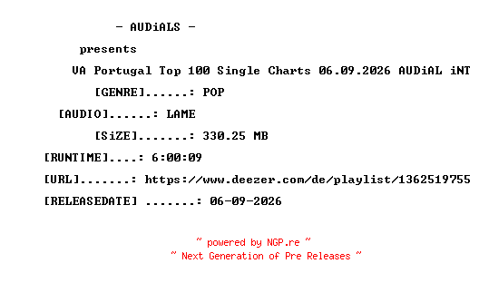 NFO for the release VA-Portugal_Top_100_Single_Charts_06.09.2026-AUDiAL_iNT by AUDiAL_iNT