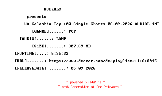 NFO for the release VA-Colombia_Top_100_Single_Charts_06.09.2026-AUDiAL_iNT by AUDiAL_iNT