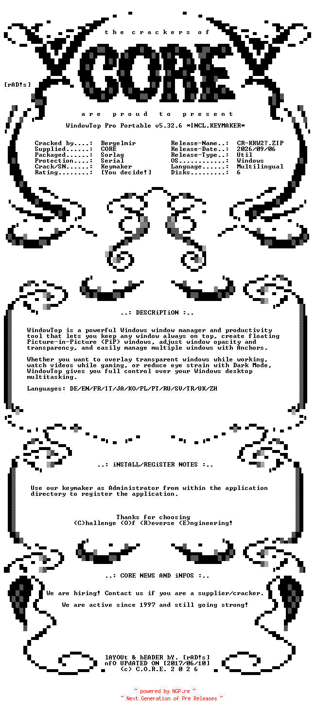 NFO for the release WindowTop.Pro.Portable.v5.32.6.x64.Multilingual.Incl.Keymaker-CORE by CORE