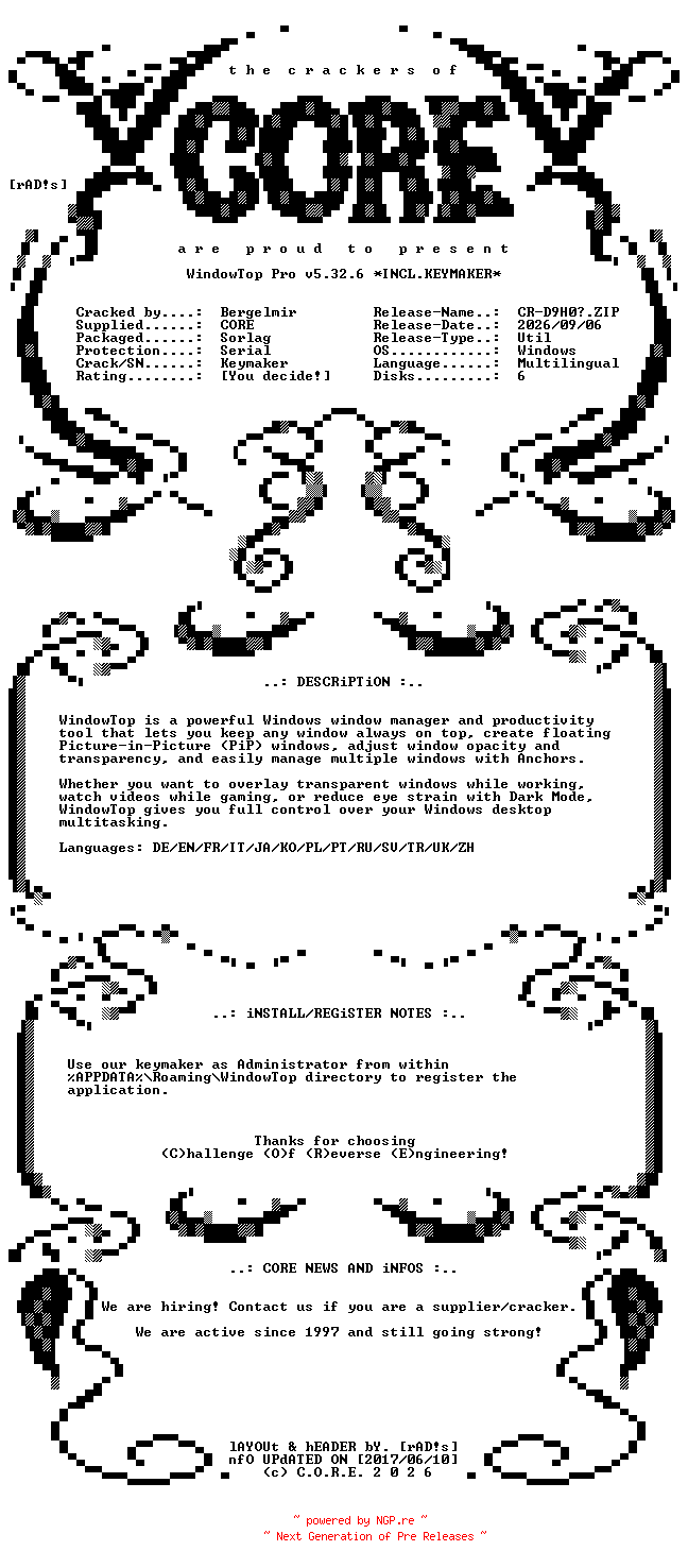NFO for the release WindowTop.Pro.v5.32.6.ARM64.Multilingual.Incl.Keymaker-CORE by CORE