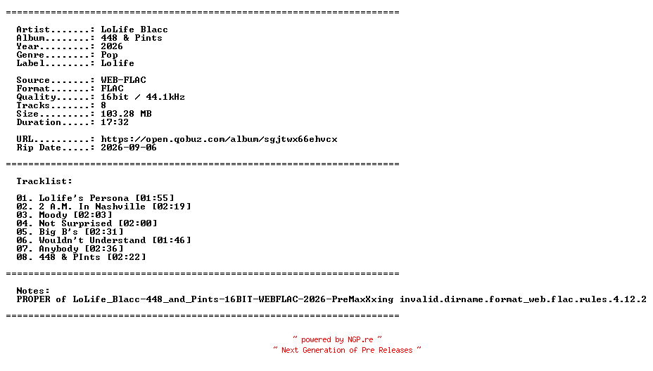 NFO for the release LoLife_Blacc-448_and_Pints-PROPER-16BIT-WEB-FLAC-2026-PROAUTOPROPER by PROAUTOPROPER