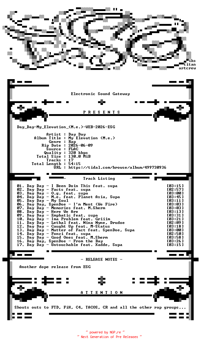 NFO for the release Day_Day-My_Elevation_(M.e.)-WEB-2026-ESG by ESG