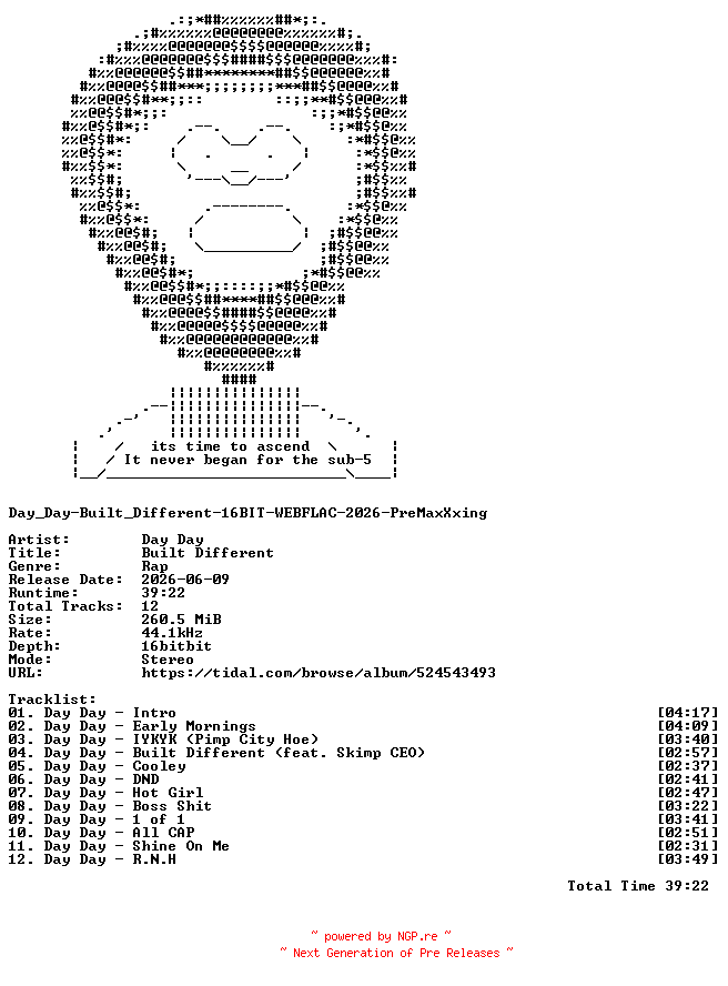 NFO for the release Day_Day-Built_Different-16BIT-WEBFLAC-2026-PreMaxXxing by PreMaxXxing