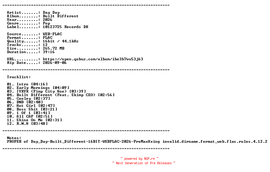 NFO for the release Day_Day-Built_Different-PROPER-16BIT-WEB-FLAC-2026-PROAUTOPROPER by PROAUTOPROPER