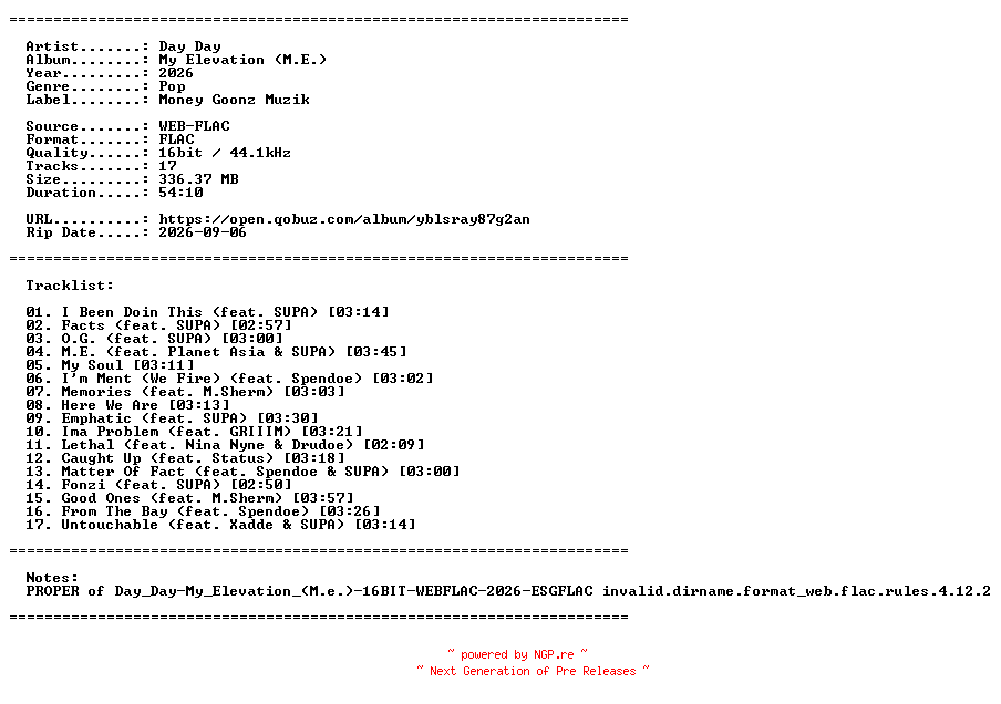 NFO for the release Day_Day-My_Elevation_(M.E.)-PROPER-16BIT-WEB-FLAC-2026-PROAUTOPROPER by PROAUTOPROPER