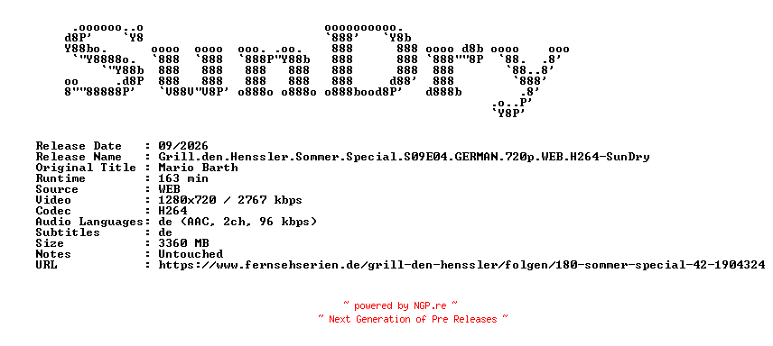 NFO for the release Grill.den.Henssler.Sommer.Special.S09E04.GERMAN.720p.WEB.H264-SunDry by SunDry