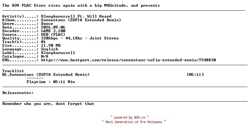 NFO for the release Klangkarussell_Ft._Will_Heard-Sonnentanz_(ZOFIA_Extended_Remix)-SINGLE-WEB-2026-AOV by AOV