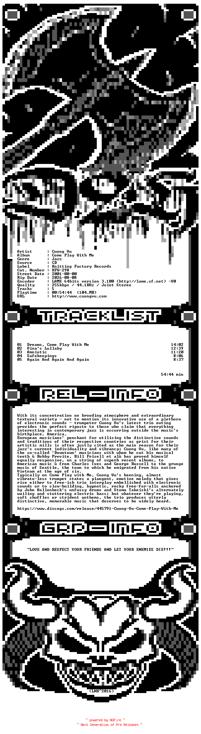 NFO for the release Cuong_Vu-Come_Play_With_Me-CD-2001-D2H_INT by D2H_INT