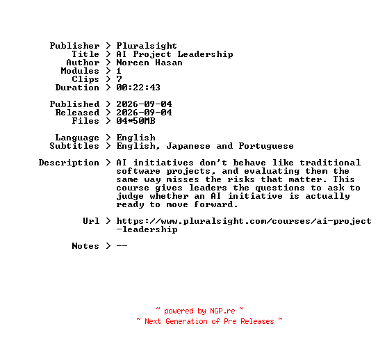 NFO for the release Pluralsight.AI.Project.Leadership.2026.BOOKWARE-GETH by GETH