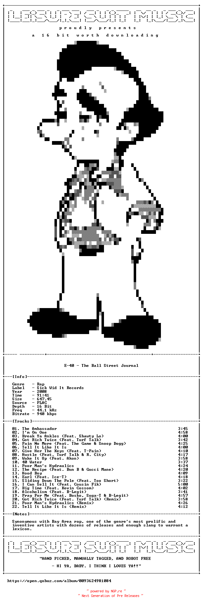NFO for the release E-40-The_Ball_Street_Journal-Deluxe_Edition-16BIT-WEB-FLAC-2008-LSM by LSM