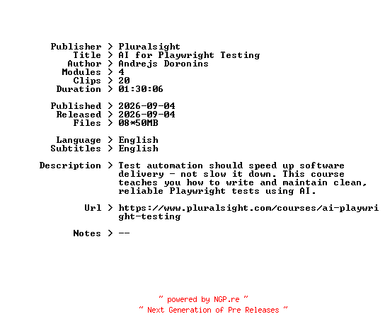 NFO for the release Pluralsight.AI.for.Playwright.Testing.2026.BOOKWARE-GETH by GETH