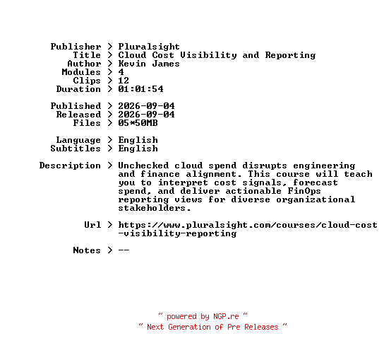 NFO for the release Pluralsight.Cloud.Cost.Visibility.and.Reporting.2026.BOOKWARE-GETH by GETH