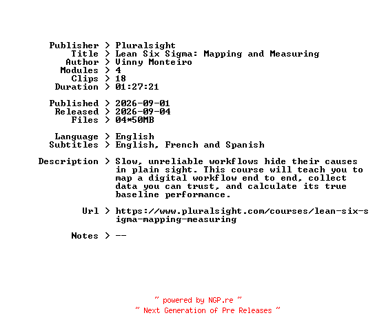 NFO for the release Pluralsight.Lean.Six.Sigma.Mapping.and.Measuring.2026.BOOKWARE-GETH by GETH