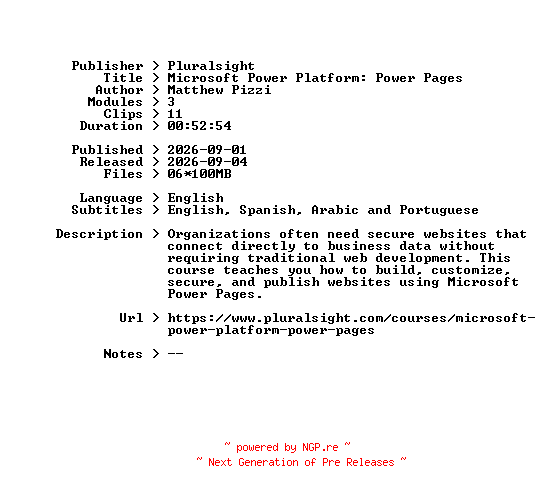NFO for the release Pluralsight.Microsoft.Power.Platform.Power.Pages.2026.BOOKWARE-GETH by GETH