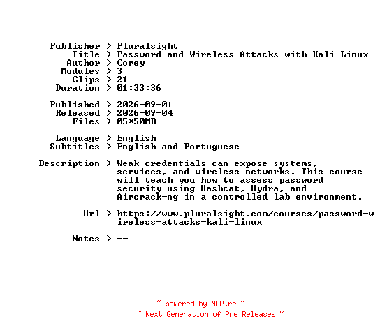 NFO for the release Pluralsight.Password.and.Wireless.Attacks.with.Kali.Linux.2026.BOOKWARE-GETH by GETH
