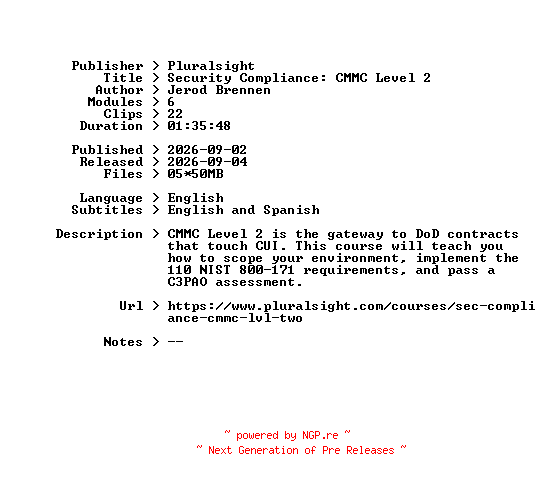 NFO for the release Pluralsight.Security.Compliance.CMMC.Level.2.2026.BOOKWARE-GETH by GETH