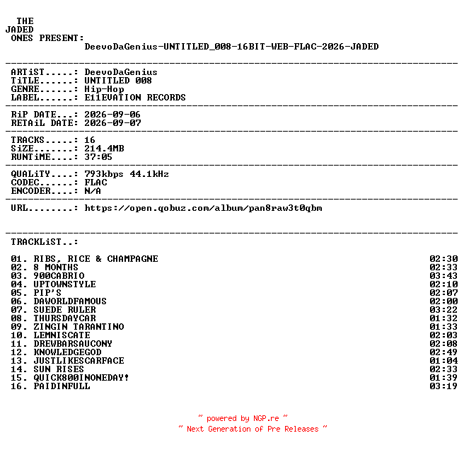 NFO for the release DeevoDaGenius-UNTITLED_008-16BIT-WEB-FLAC-2026-JADED by JADED