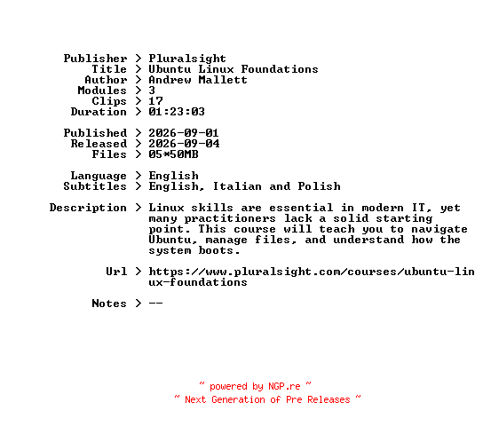 NFO for the release Pluralsight.Ubuntu.Linux.Foundations.2026.BOOKWARE-GETH by GETH