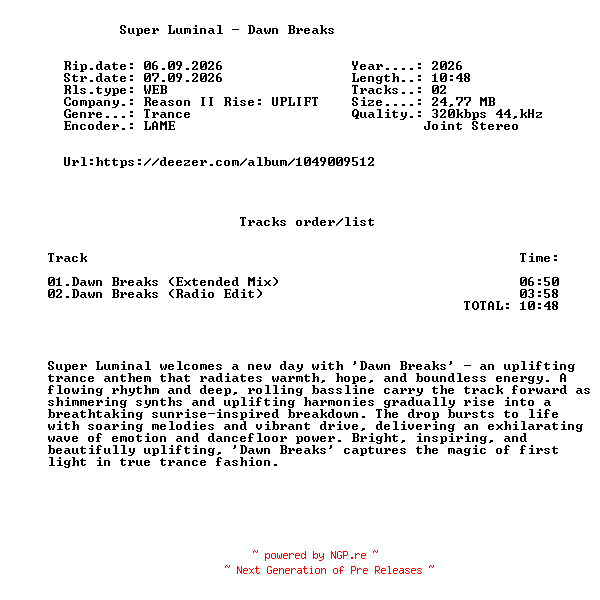 NFO for the release Super_Luminal_-_Dawn_Breaks-(RRU109)-WEB-2026-FMC by FMC