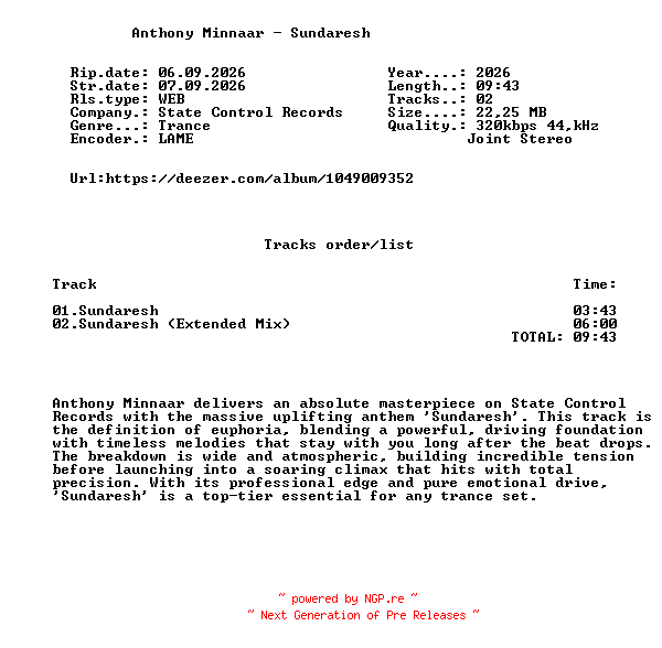 NFO for the release Anthony_Minnaar_-_Sundaresh-(SCR766)-WEB-2026-FMC by FMC