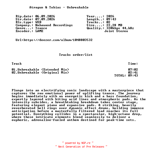 NFO for the release Atragun_And_Tobias_-_Unbreakable-(NHW303)-WEB-2026-FMC by FMC