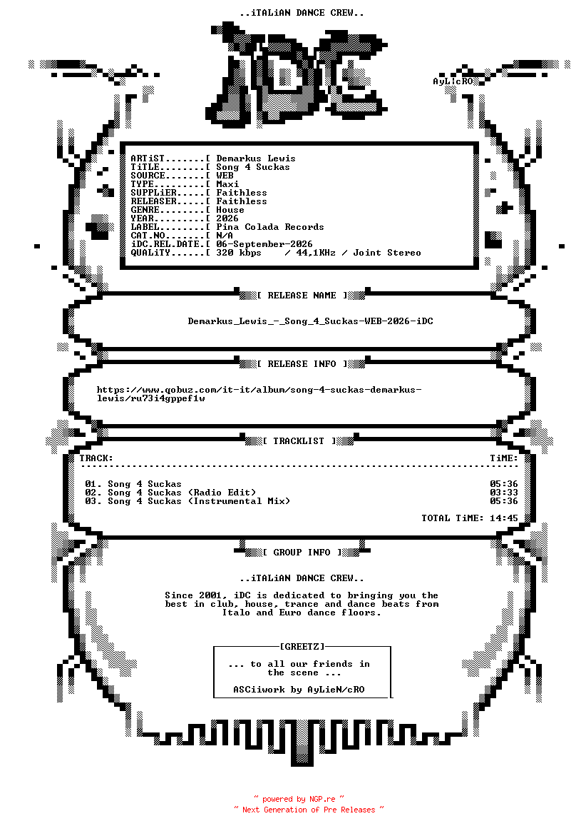 NFO for the release Demarkus_Lewis_-_Song_4_Suckas-WEB-2026-iDC by iDC
