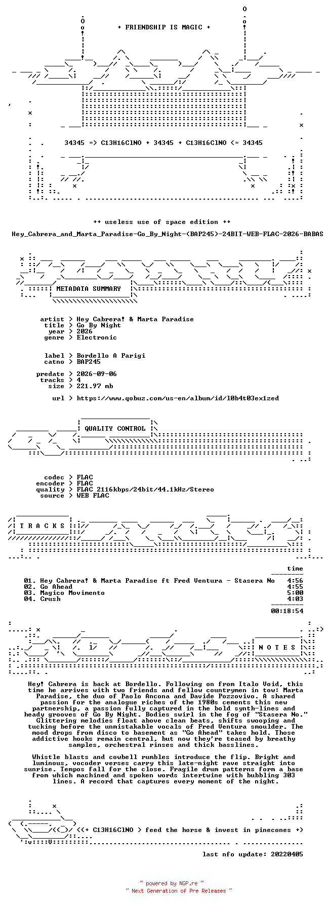 NFO for the release Hey_Cabrera_and_Marta_Paradise-Go_By_Night-(BAP245)-24BIT-WEB-FLAC-2026-BABAS by BABAS
