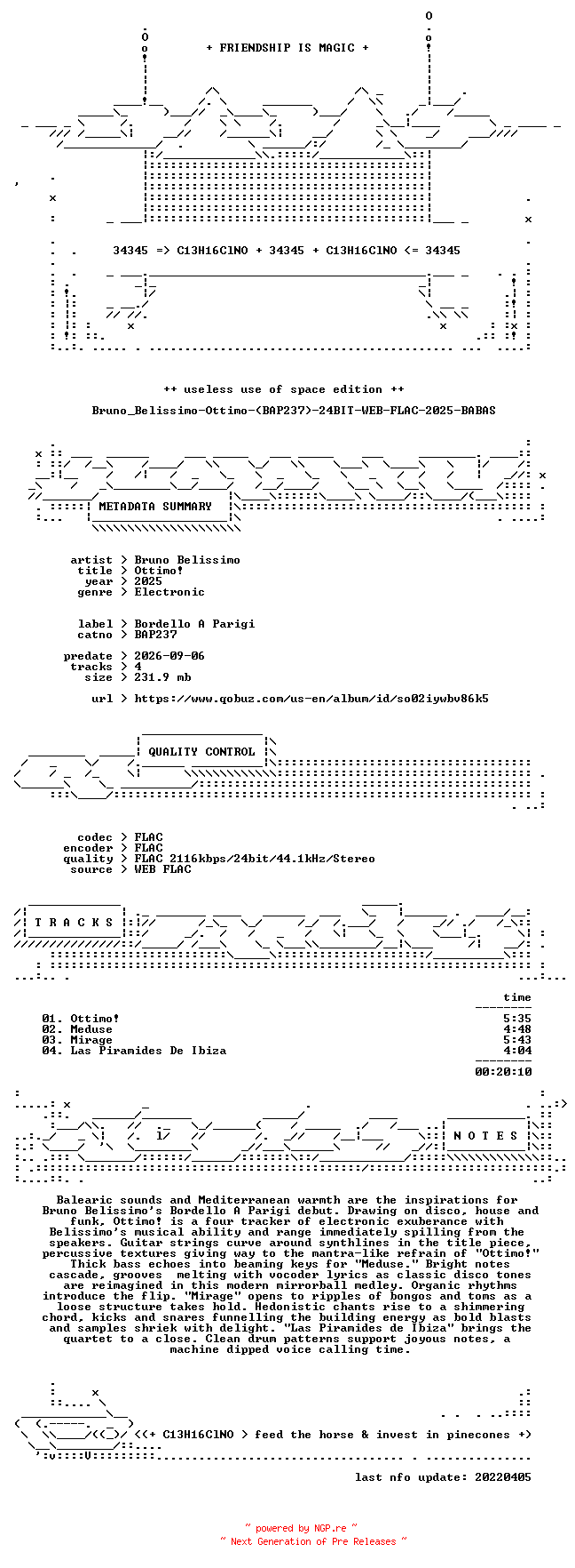 NFO for the release Bruno_Belissimo-Ottimo-(BAP237)-24BIT-WEB-FLAC-2025-BABAS by BABAS