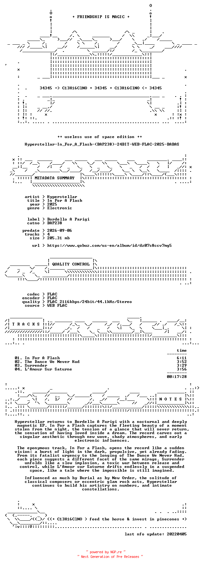 NFO for the release Hyperstellar-In_For_A_Flash-(BAP238)-24BIT-WEB-FLAC-2025-BABAS by BABAS