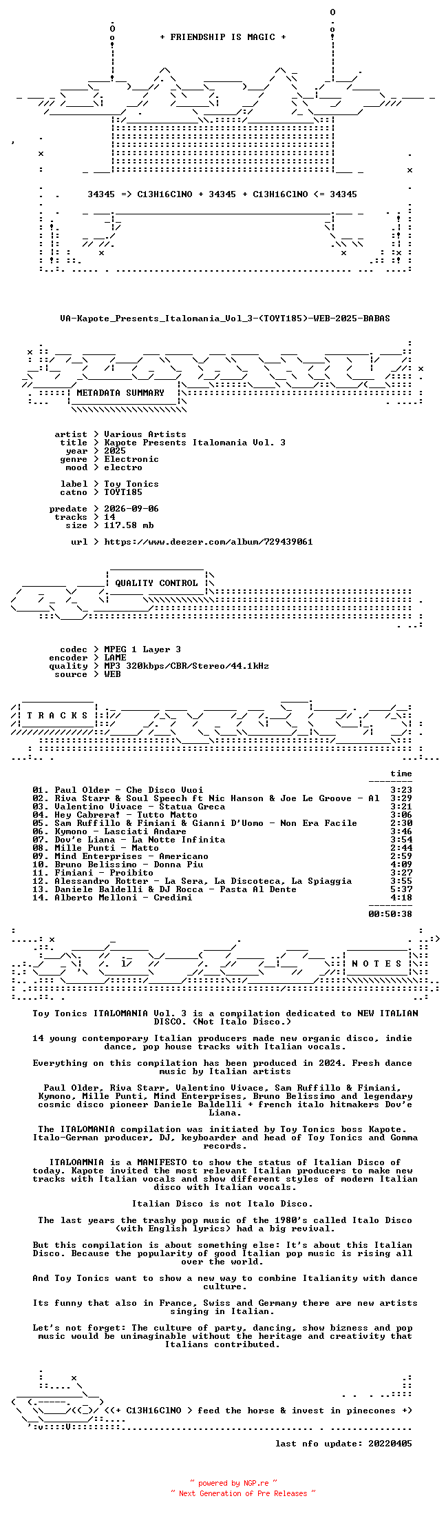 NFO for the release VA-Kapote_Presents_Italomania_Vol_3-(TOYT185)-WEB-2025-BABAS by BABAS