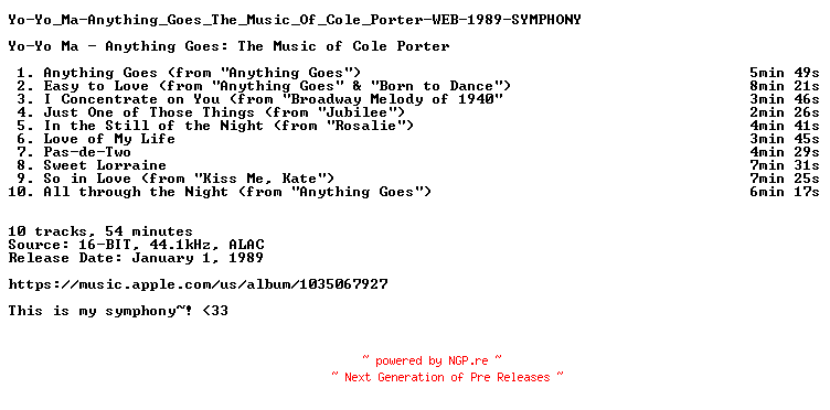 NFO for the release Yo-Yo_Ma-Anything_Goes_The_Music_Of_Cole_Porter-WEB-1989-SYMPHONY by SYMPHONY