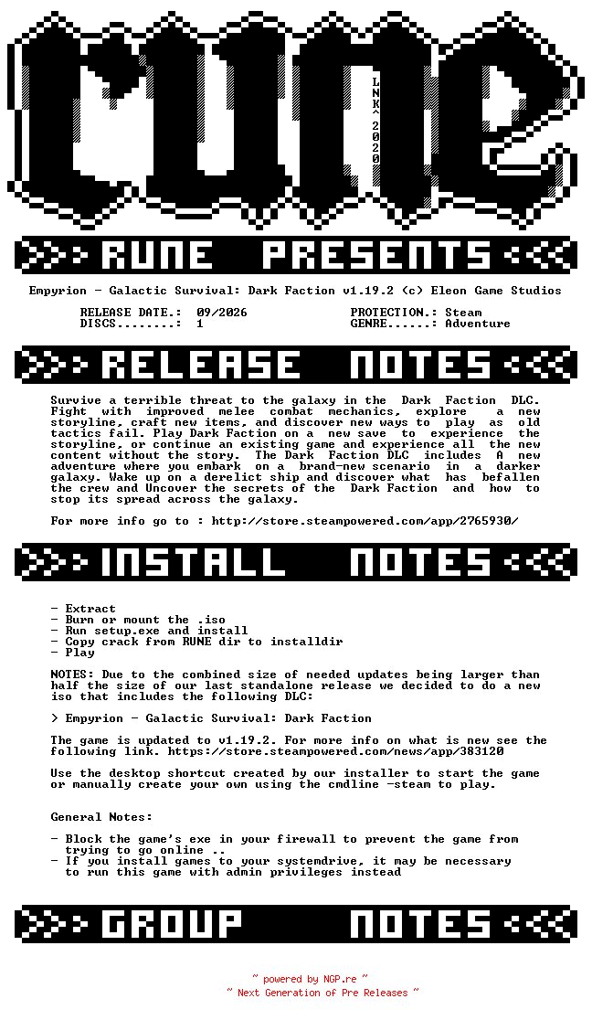 NFO for the release Empyrion.Galactic.Survival.Dark.Faction.v1.19.2-RUNE by RUNE