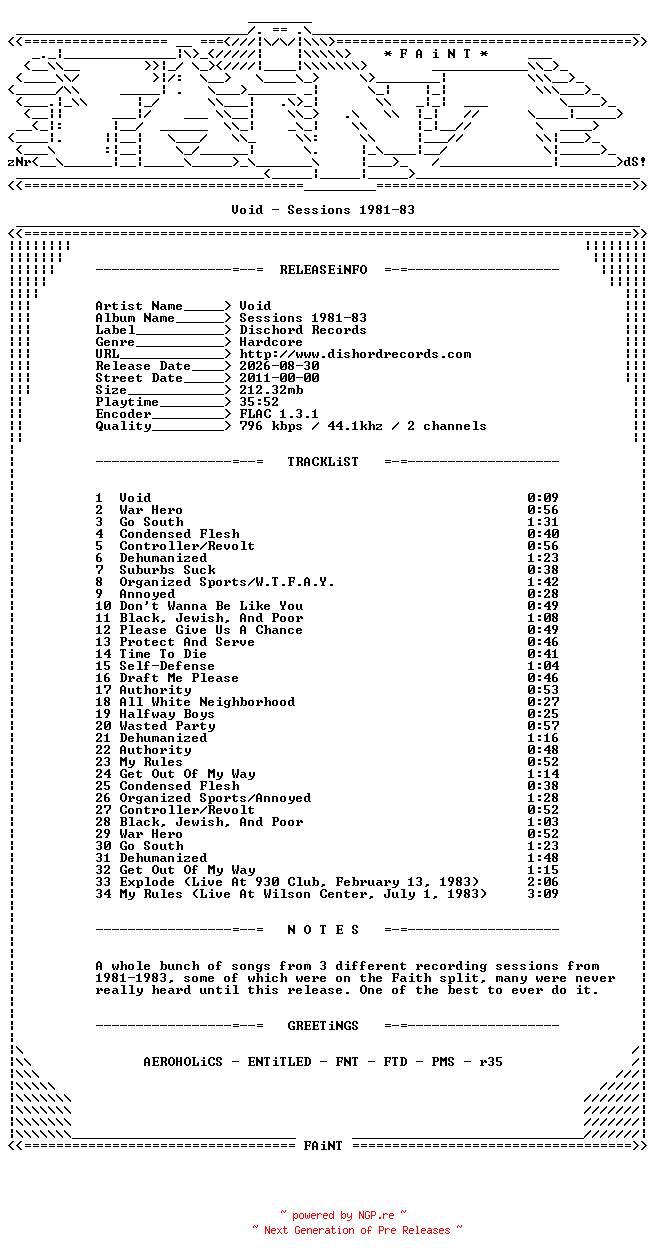 NFO for the release Void-Sessions_1981-83-CD-FLAC-2011-FAiNT by FAiNT