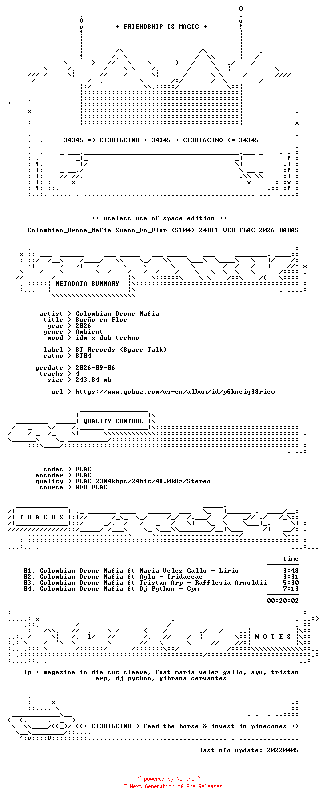 NFO for the release Colombian_Drone_Mafia-Sueno_En_Flor-(ST04)-24BIT-WEB-FLAC-2026-BABAS by BABAS