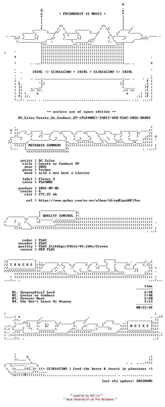 NFO for the release DC_Salas-Create_Or_Combust_EP-(PLX4002)-24BIT-WEB-FLAC-2026-BABAS by BABAS