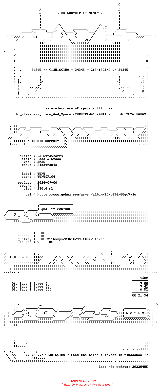 NFO for the release DJ_Strawberry-Pace_And_Space-(YUKUSF104)-24BIT-WEB-FLAC-2026-BABAS by BABAS